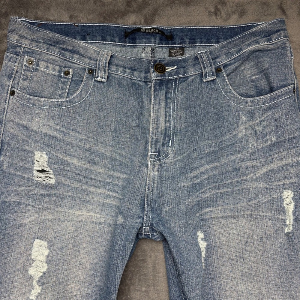 EJ Black‎ Jeans Mens 34 Light Wash Cross Embroidered Distressed Straight Leg Y2K - Picture 3 of 11